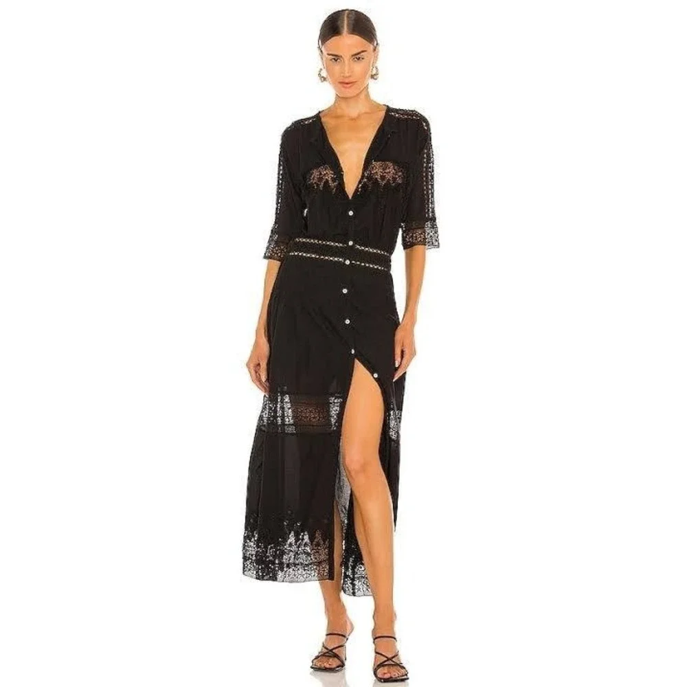 LoveShackFancy Dress‎ Womens Small Black Boho Crochet Lace Midi Button Front LSF